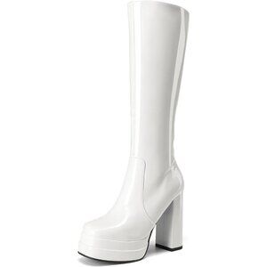 Women's White Platform Heeled Knee High Boots Long Chunky Tall Gogo Boots